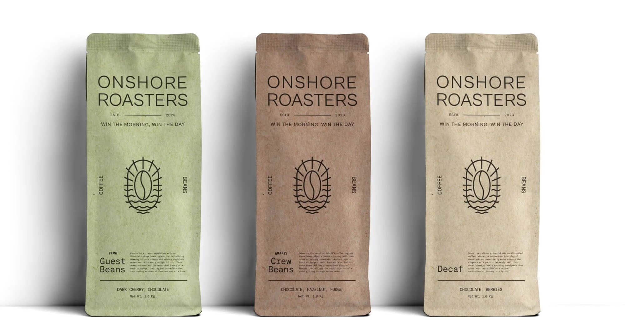Guest Beans, Crew Beans and Decaf bags side by side
