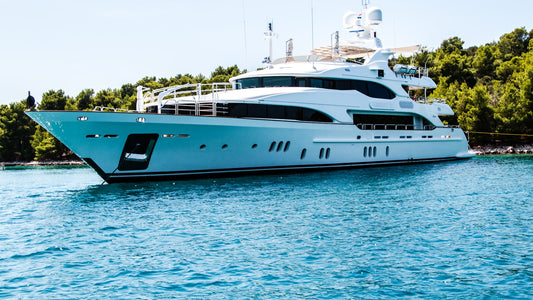 Luxury yacht in a Mediterranean marina — yacht coffee provisioning by Onshore Roasters